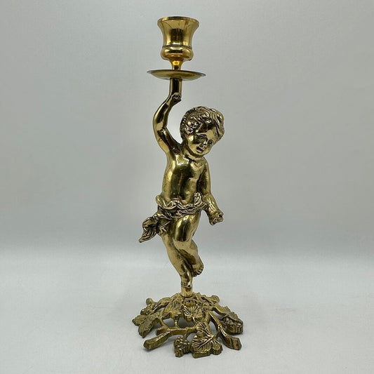 Vintage Brass Cherub Figural Candlestick Holder-11”Taper Candle Holder /cb