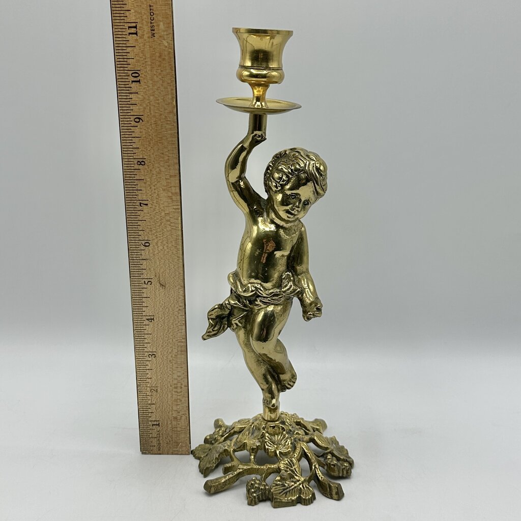 Vintage Brass Cherub Figural Candlestick Holder-11”Taper Candle Holder /cb