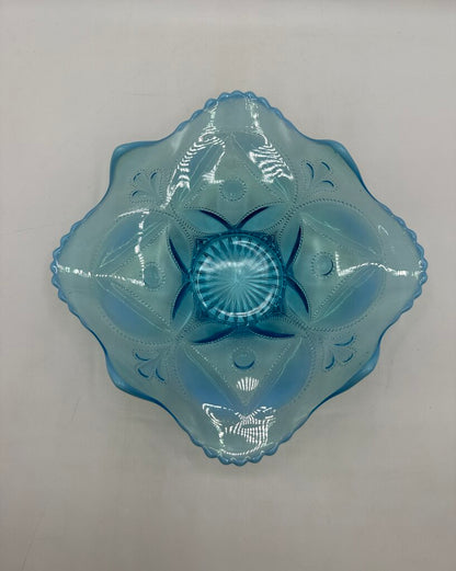 Antique Dugan Glass Block & Wheel Blue Opalescent Dish /ro