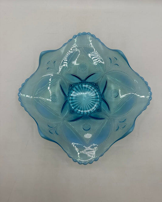 Antique Dugan Glass Block & Wheel Blue Opalescent Dish /ro