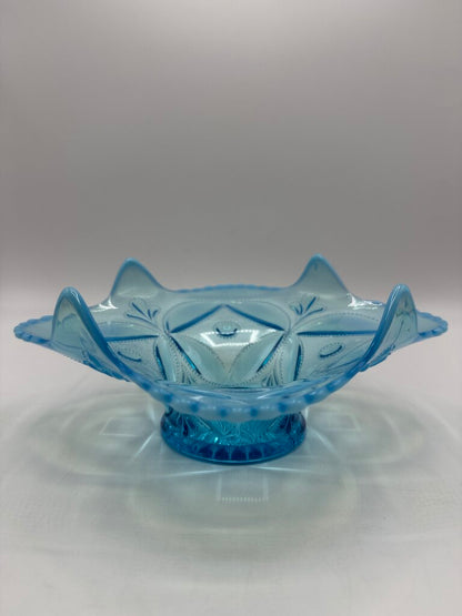 Antique Dugan Glass Block & Wheel Blue Opalescent Dish /ro
