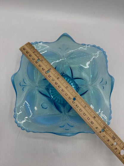 Antique Dugan Glass Block & Wheel Blue Opalescent Dish /ro