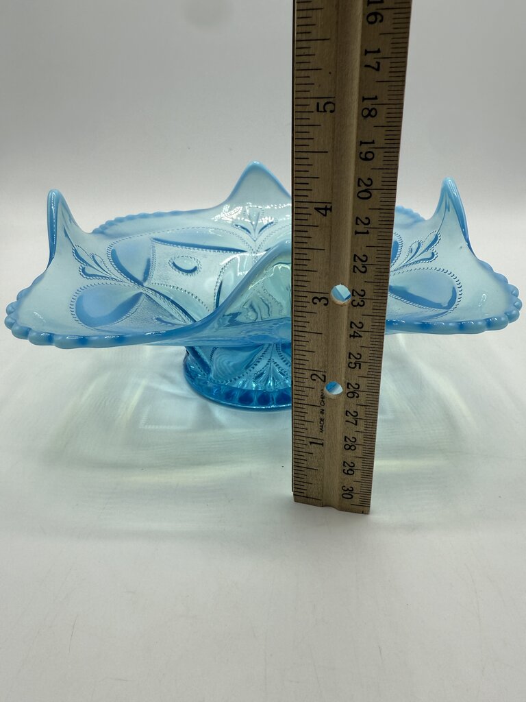 Antique Dugan Glass Block & Wheel Blue Opalescent Dish /ro