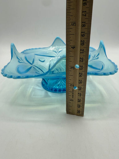 Antique Dugan Glass Block & Wheel Blue Opalescent Dish /ro