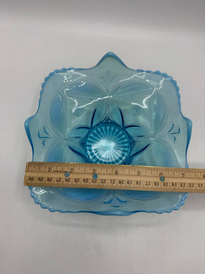 Antique Dugan Glass Block & Wheel Blue Opalescent Dish /ro