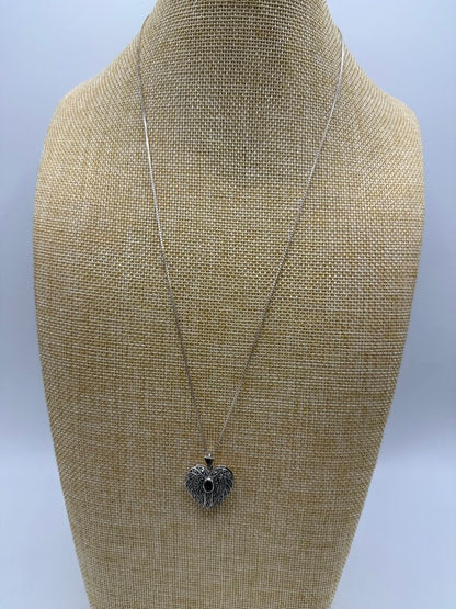 Sterling Silver Box 24” Chain Necklace Marcasite Garnet Heart Locket /ro