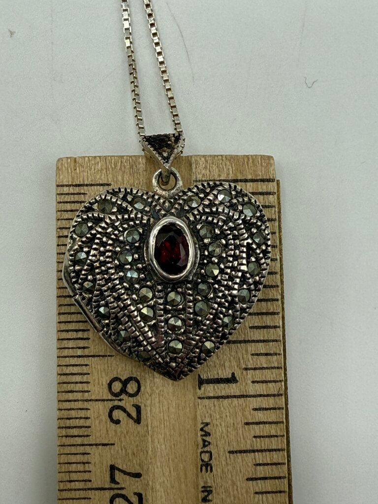 Sterling Silver Box 24” Chain Necklace Marcasite Garnet Heart Locket /ro