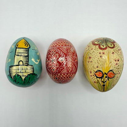 Set Of 3 Vintage Hand Painted Wooden Easter Eggs Eastern European Folk Art /cb