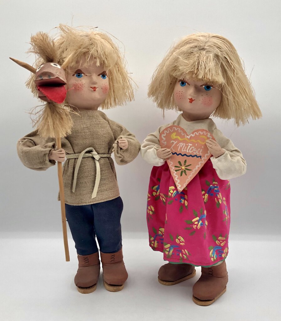 Pair of Polish Paper Mache Boy & Girl Dolls Hand Painted OOAK /b