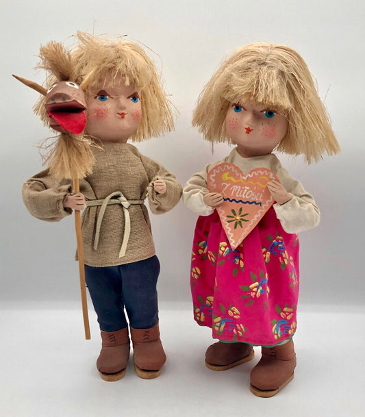 Pair of Polish Paper Mache Boy & Girl Dolls Hand Painted OOAK /b