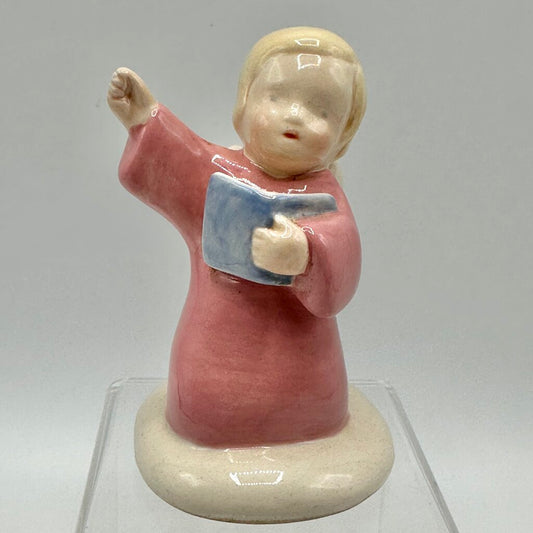 Vintage Gabriel Fourmaintraux Desvres France 3.5” Earthenware Pink Singing Angel /cb