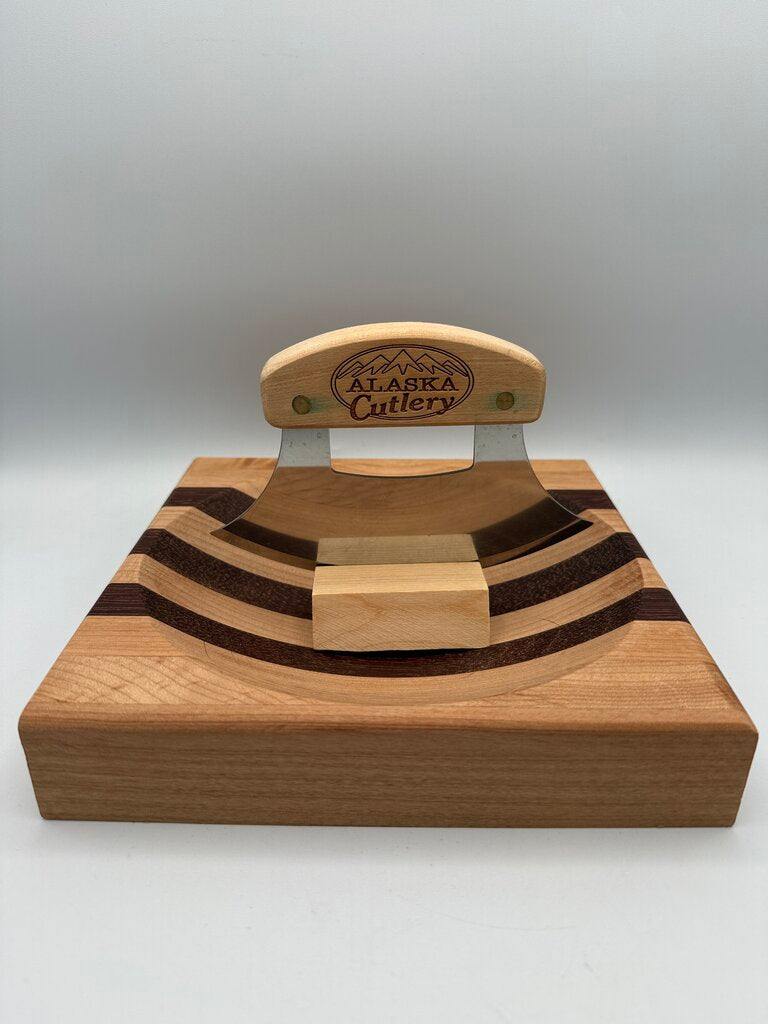 Handcrafted Alaska Ulu Knife & Curved Cutting Bowl Set - Wood & Stainless /roh