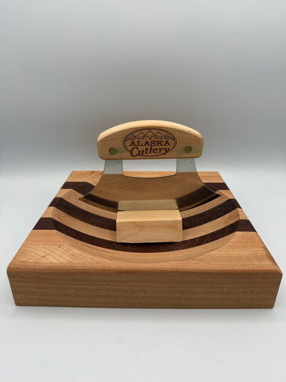 Handcrafted Alaska Ulu Knife & Curved Cutting Bowl Set - Wood & Stainless /roh