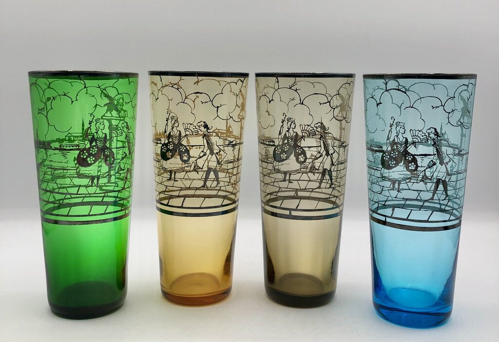 Set of 4 MCM Venetian Silver Overlay Tom Collins Barware Glasses /b