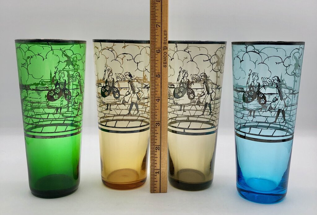 Set of 4 MCM Venetian Silver Overlay Tom Collins Barware Glasses /b