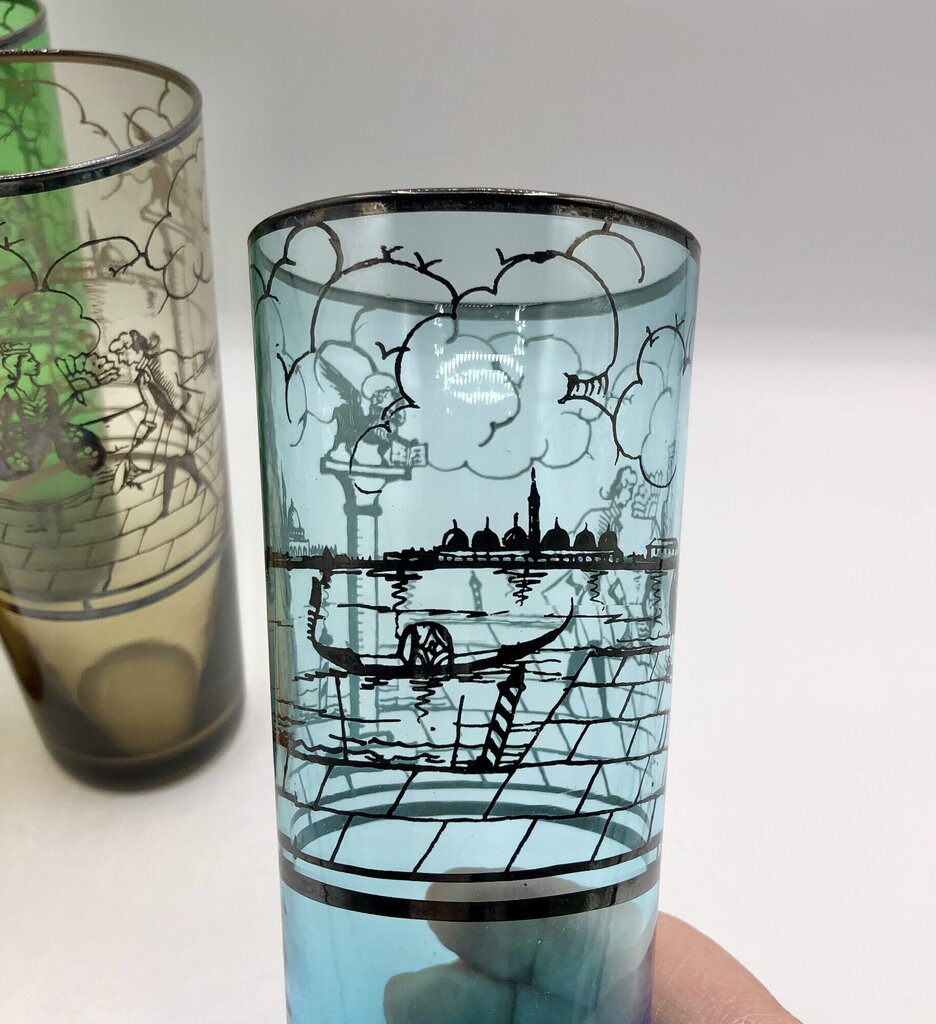 Set of 4 MCM Venetian Silver Overlay Tom Collins Barware Glasses /b