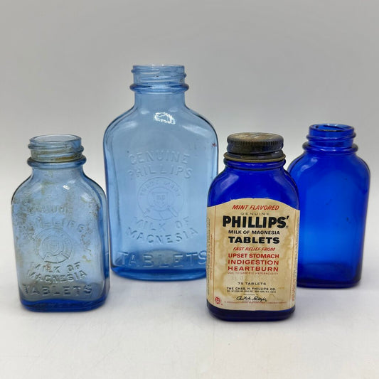 Lot of 4 Vintage Blue Glass Phillips’ Milk of Magnesia Bottles /cb