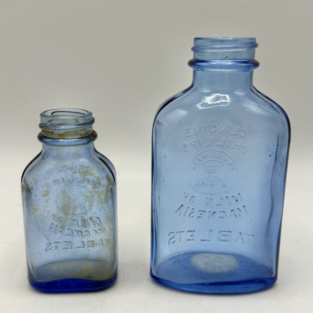 Lot of 4 Vintage Blue Glass Phillips’ Milk of Magnesia Bottles /cb