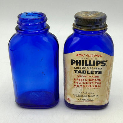 Lot of 4 Vintage Blue Glass Phillips’ Milk of Magnesia Bottles /cb