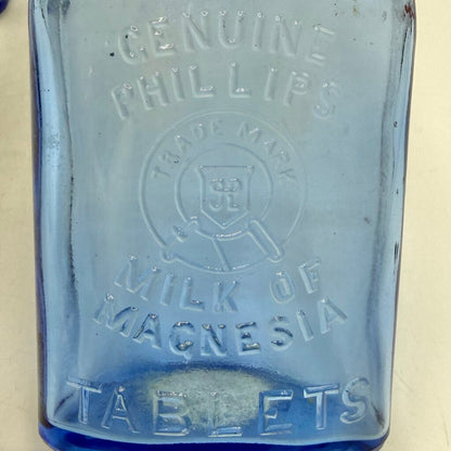 Lot of 4 Vintage Blue Glass Phillips’ Milk of Magnesia Bottles /cb