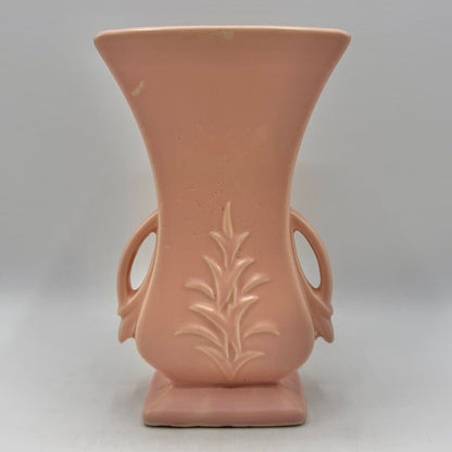Vintage 1940s McCoy Pottery Pink Double Handled 8 Inch Vase Leaf Design /cb