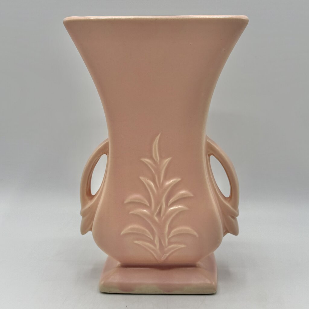 Vintage 1940s McCoy Pottery Pink Double Handled 8 Inch Vase Leaf Design /cb