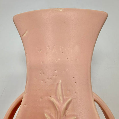 Vintage 1940s McCoy Pottery Pink Double Handled 8 Inch Vase Leaf Design /cb