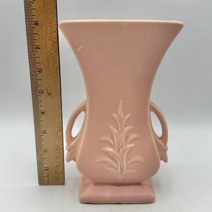 Vintage 1940s McCoy Pottery Pink Double Handled 8 Inch Vase Leaf Design /cb