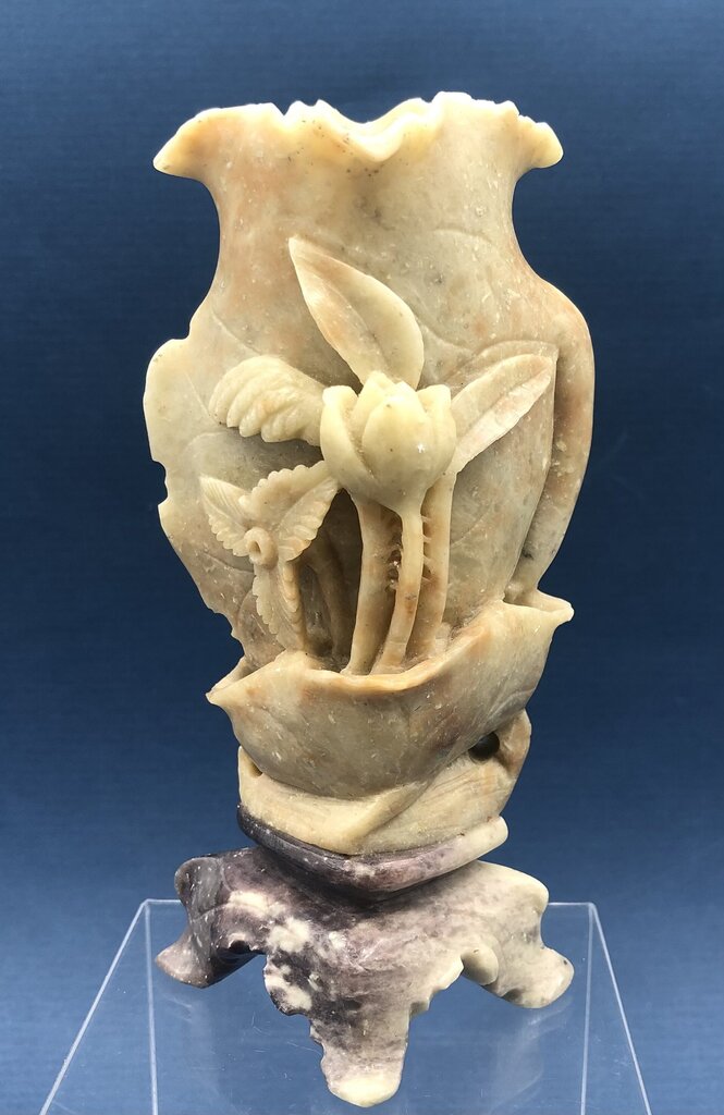 Vintage Chinese Carved Lotus Sopa Stone Bud Vase /b