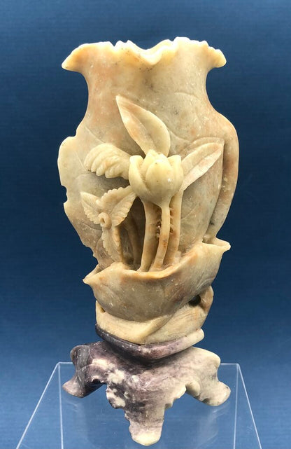 Vintage Chinese Carved Lotus Sopa Stone Bud Vase /b