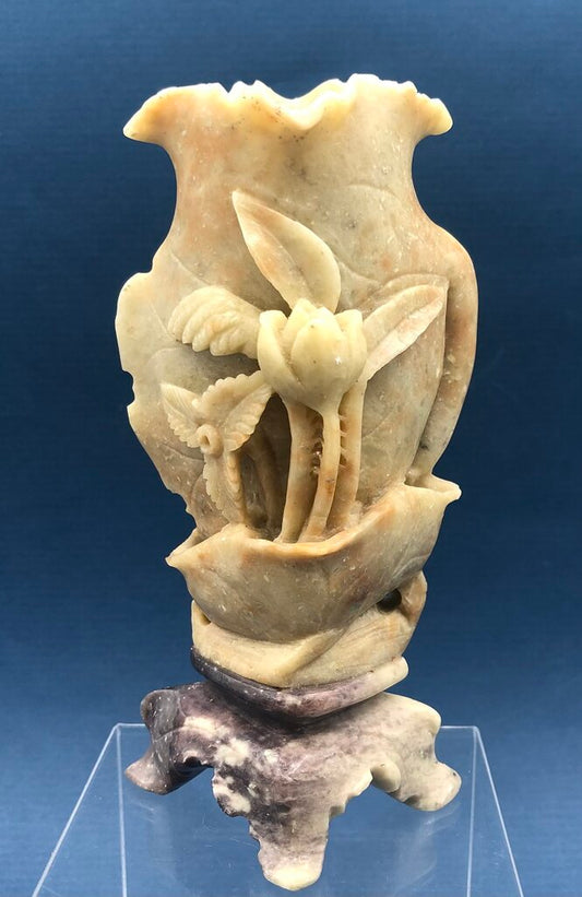 Vintage Chinese Carved Lotus Sopa Stone Bud Vase /b