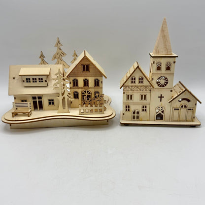 Wooden Laser Cut Christmas Village Scene Set of 2 Church & Houses LED Lit /cb