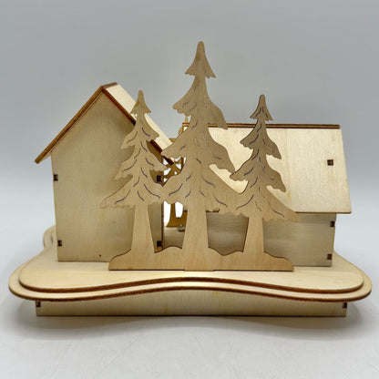 Wooden Laser Cut Christmas Village Scene Set of 2 Church & Houses LED Lit /cb
