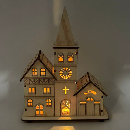 Wooden Laser Cut Christmas Village Scene Set of 2 Church & Houses LED Lit /cb