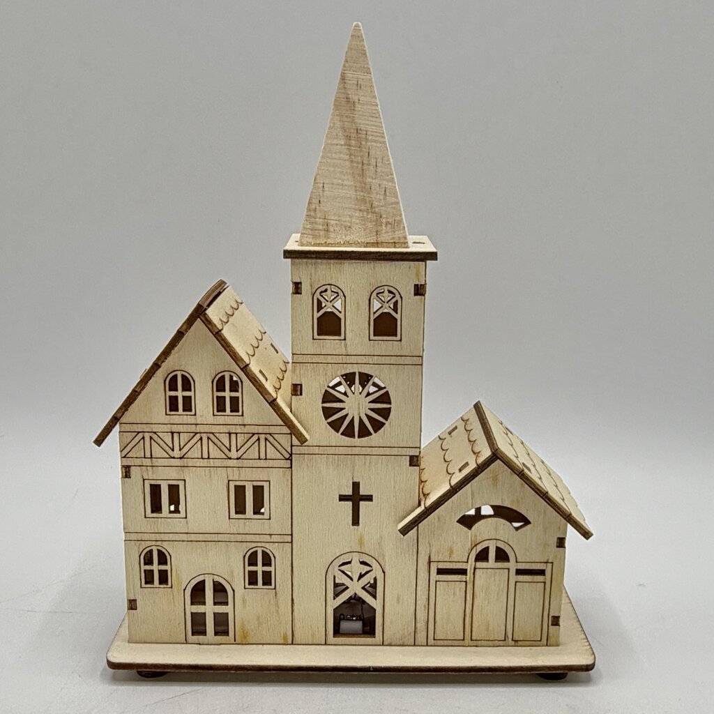 Wooden Laser Cut Christmas Village Scene Set of 2 Church & Houses LED Lit /cb