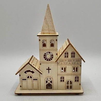 Wooden Laser Cut Christmas Village Scene Set of 2 Church & Houses LED Lit /cb