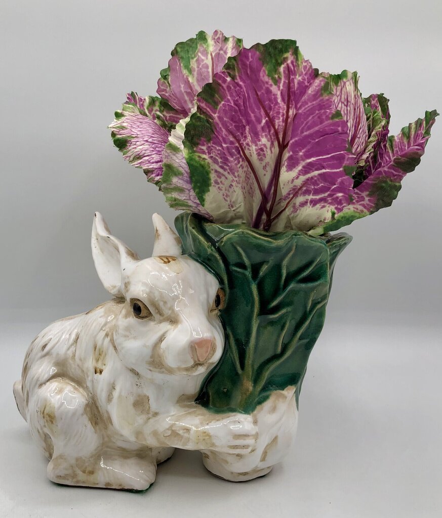 Majolica Style Ceramic Rabbit w/ Cabbage Planter /b
