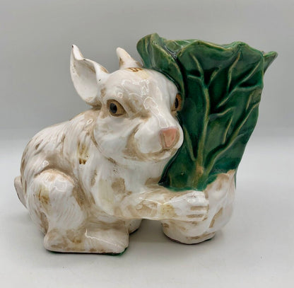Majolica Style Ceramic Rabbit w/ Cabbage Planter /b