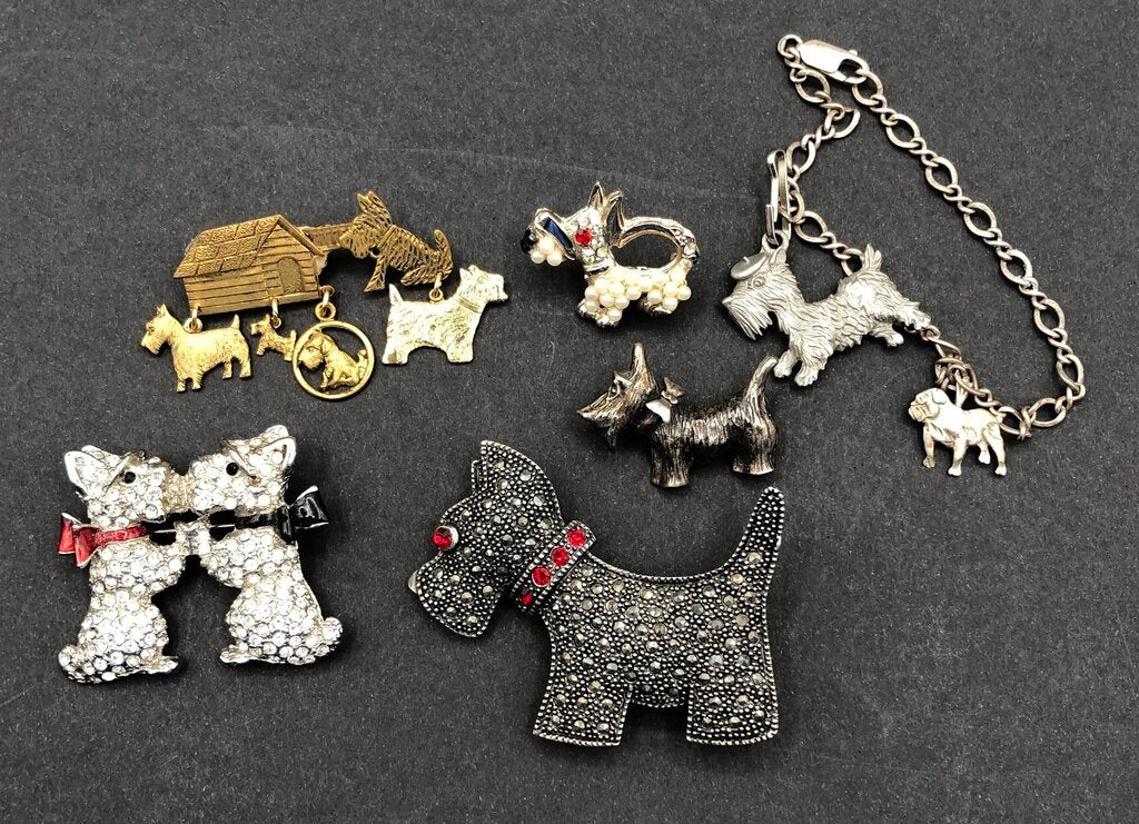 6pc Collection of Scottish Terrier Brooches & Bracelet /b
