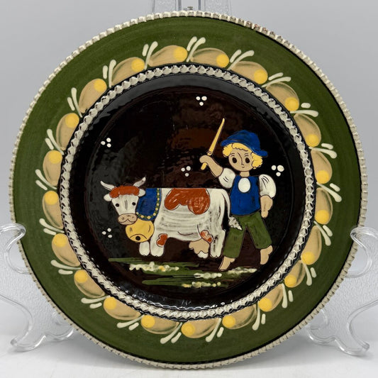 Vintage Hugo Kohler Biel Swiss Folk Art Hand Painted 9 5/8” Decorative Wall Plate Boy Herding Cow /cb