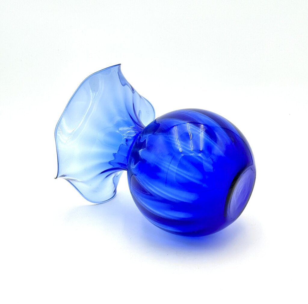 VTG Handblown Cobalt Blue Ruffled Glass Vase
