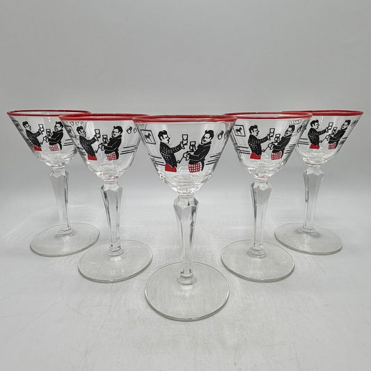 Set of 5 Vintage Libbey Pickwick Dickens Merrymakers 5 5/8” Liqueur Cocktail Glasses /cb