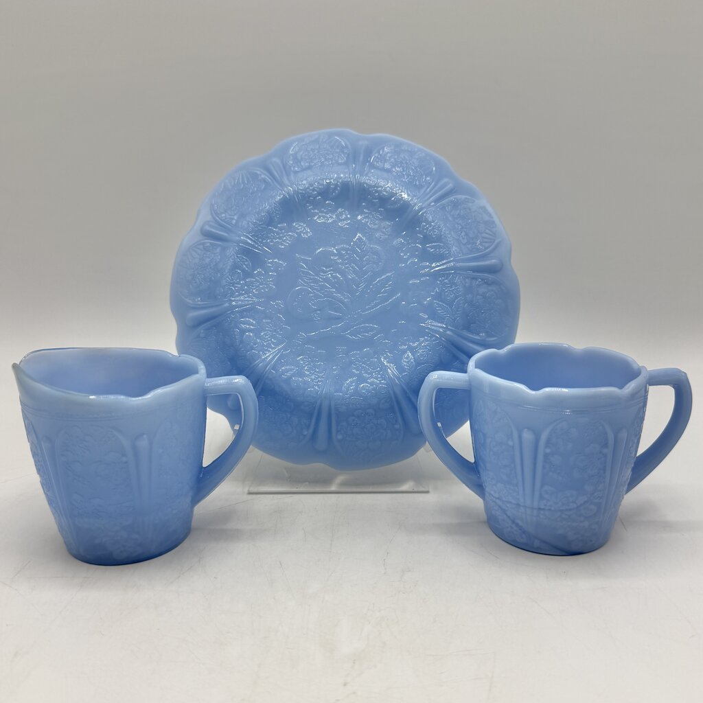1930s Jeanette Cherry Blossom Delphite Blue Child’s Creamer Sugar Bowl & Plate /cb