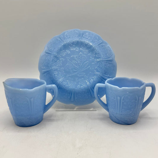 1930s Jeanette Cherry Blossom Delphite Blue Child’s Creamer Sugar Bowl & Plate /cb