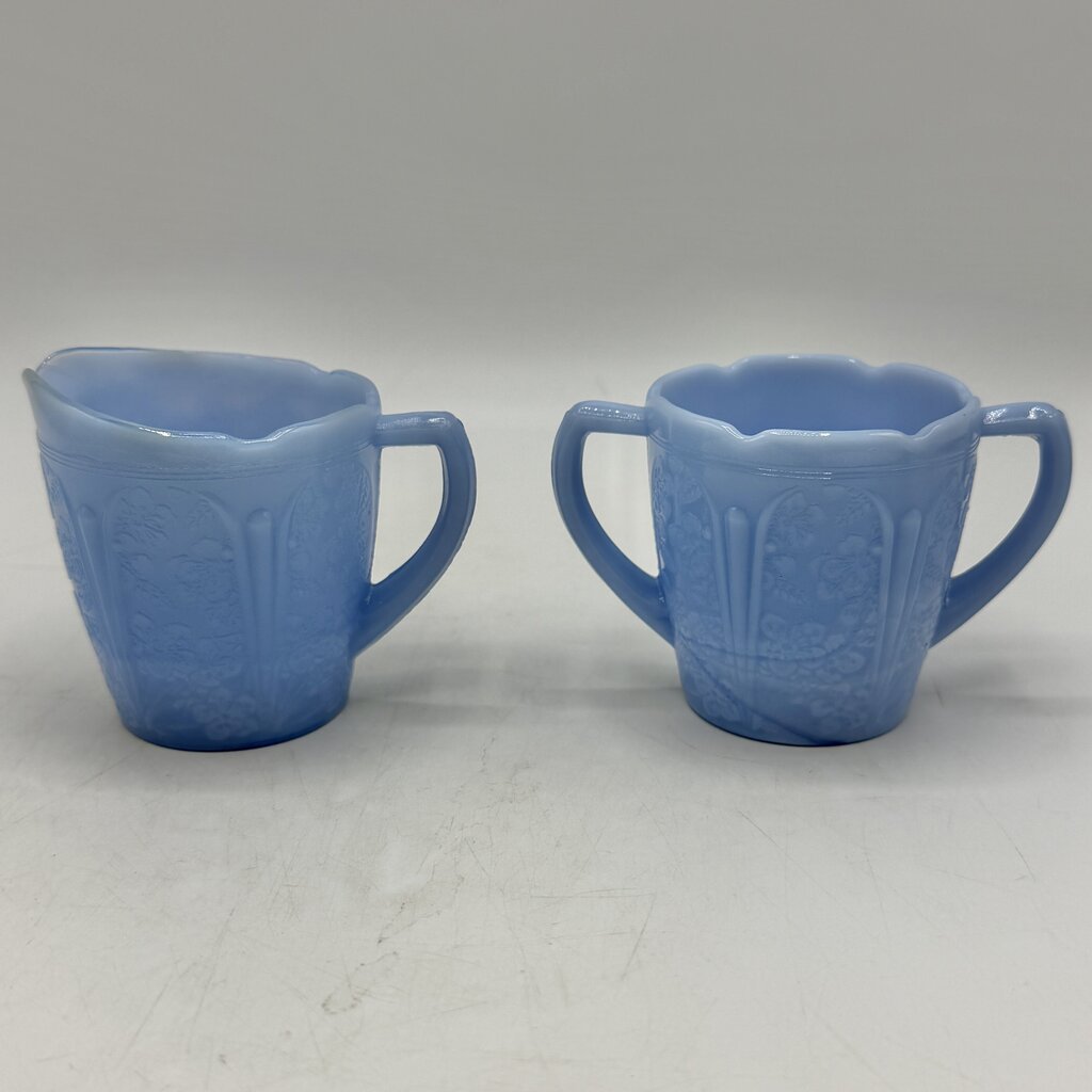 1930s Jeanette Cherry Blossom Delphite Blue Child’s Creamer Sugar Bowl & Plate /cb