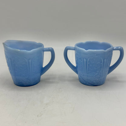 1930s Jeanette Cherry Blossom Delphite Blue Child’s Creamer Sugar Bowl & Plate /cb