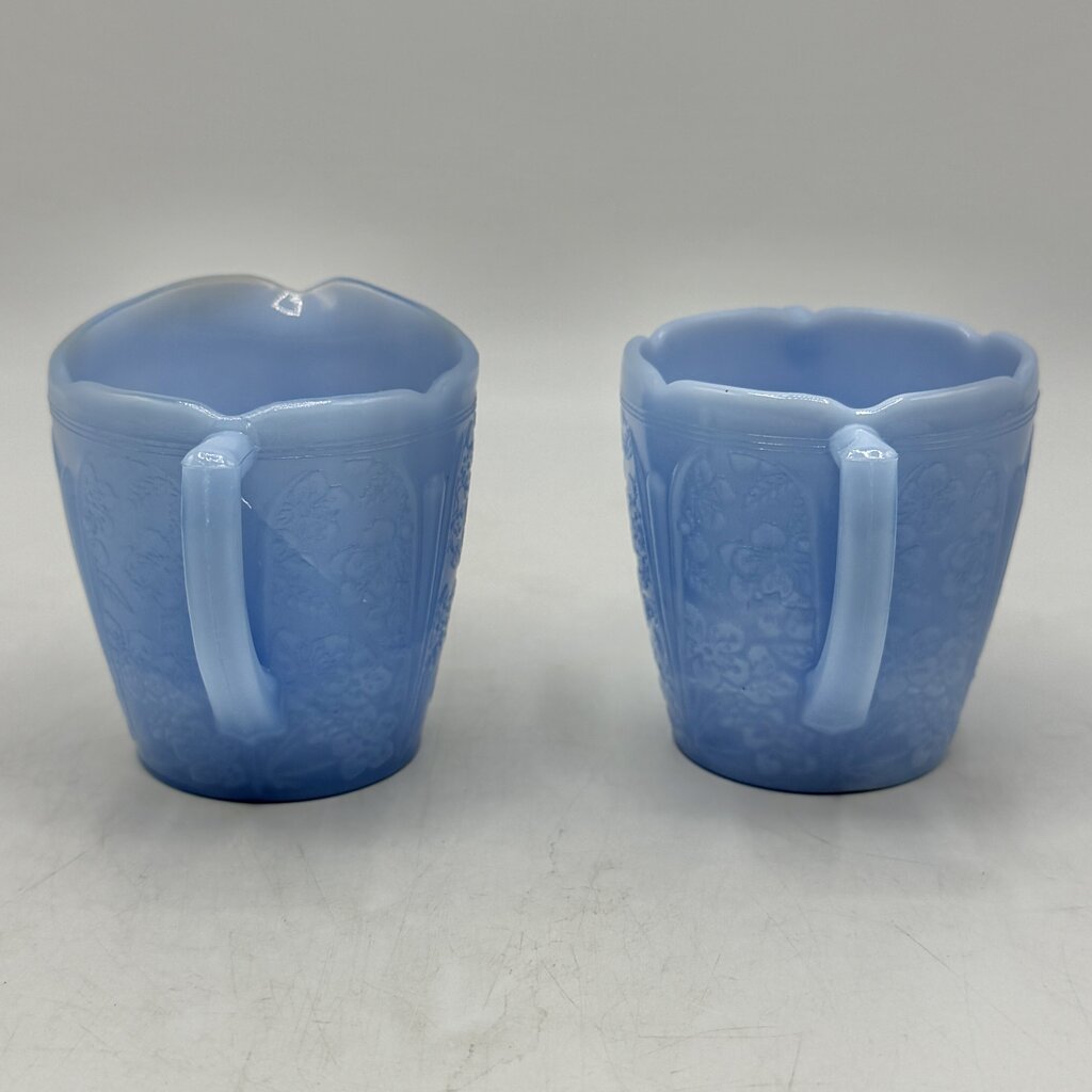 1930s Jeanette Cherry Blossom Delphite Blue Child’s Creamer Sugar Bowl & Plate /cb