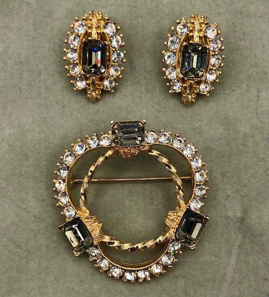 Vintage 1950’s Rhinestone Brooch & Earring Set /b