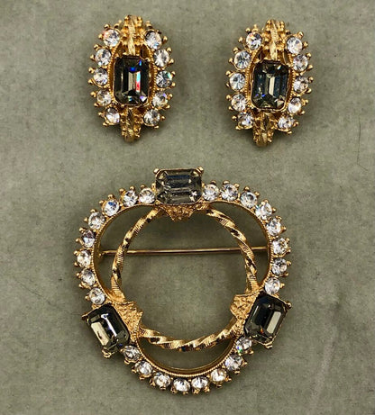 Vintage 1950’s Rhinestone Brooch & Earring Set /b