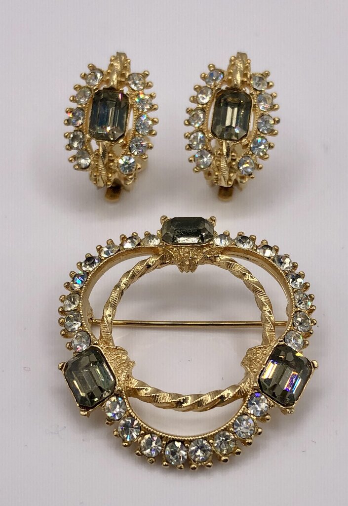 Vintage 1950’s Rhinestone Brooch & Earring Set /b